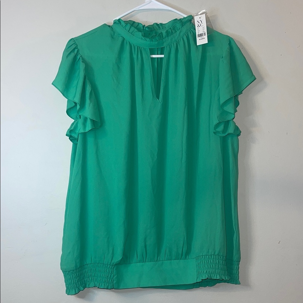 New York & Company Green Ruffle Sleeve Blouse SIZE XL #308